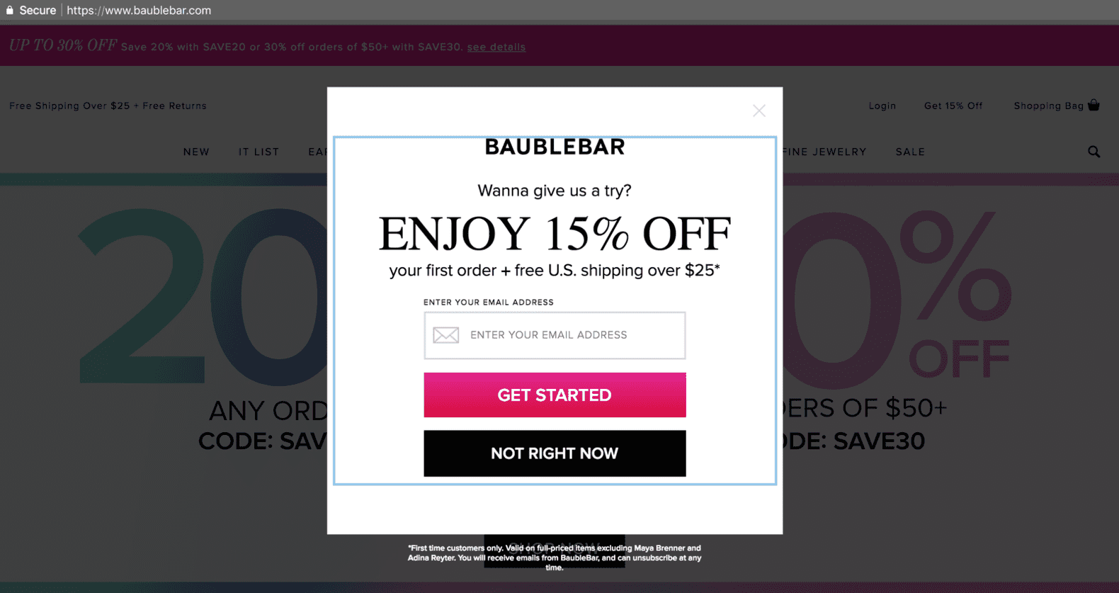 Example Pop-Up on landing page website